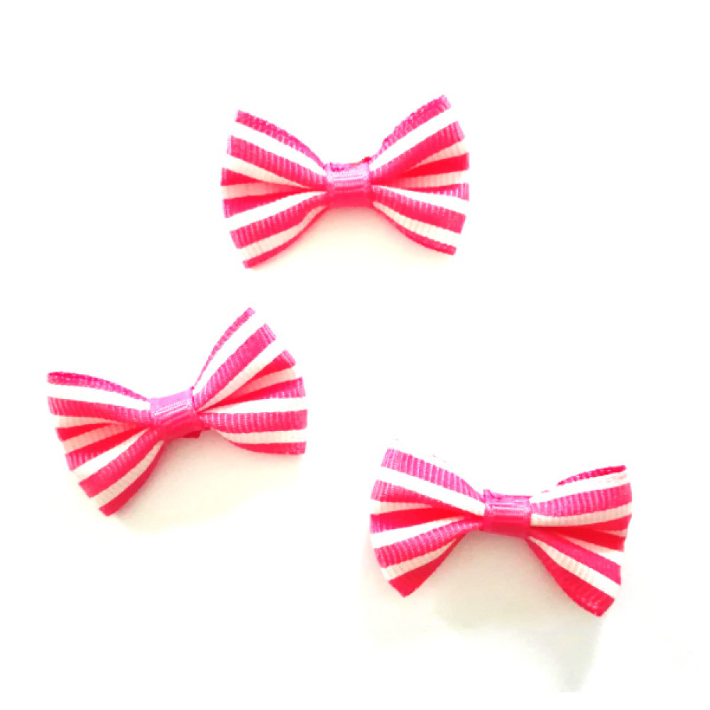 Striped Satin Bow Application - Strawberry and White